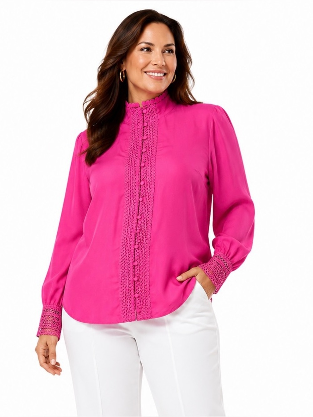 Haute Hippie Women’s Blouse NEW  Magenta Eyelet Crochet Lace Trim Silk Medium